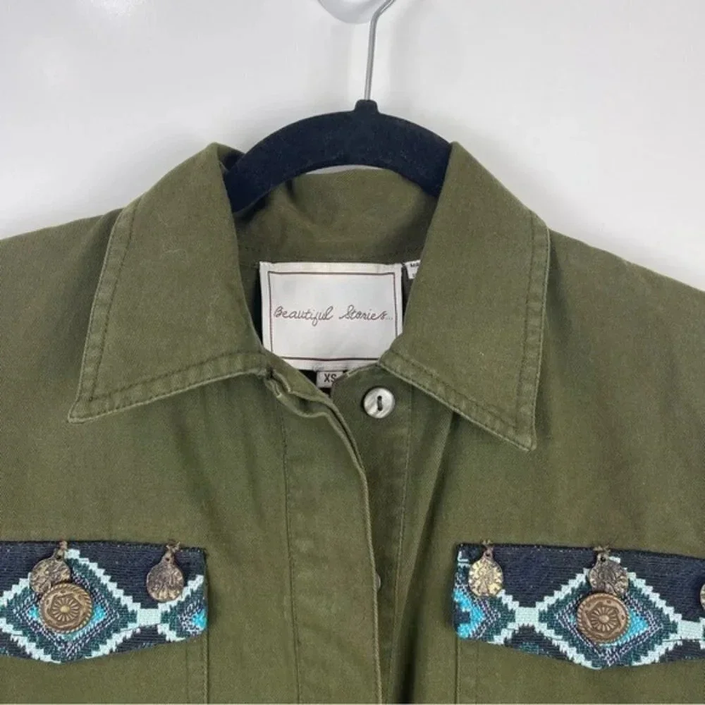 Anthropologie Beautiful Stories Green Aztec Fringe Boho Inika Jacket Size XS